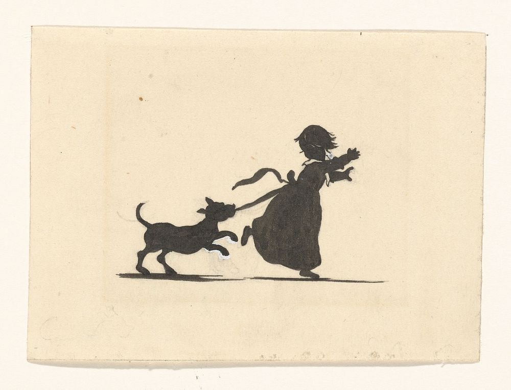 Ontwerp voor illustratie voor In Holland staat een huis: silhouet van de hond die achter het meisje aanzit (1884 - 1917) by…