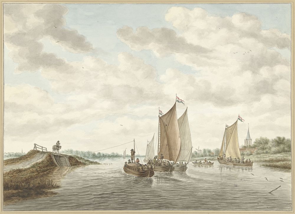 Rivierlandschap met verschillende schuiten (1741 - 1820) by Abraham Delfos and Salomon van Ruysdael