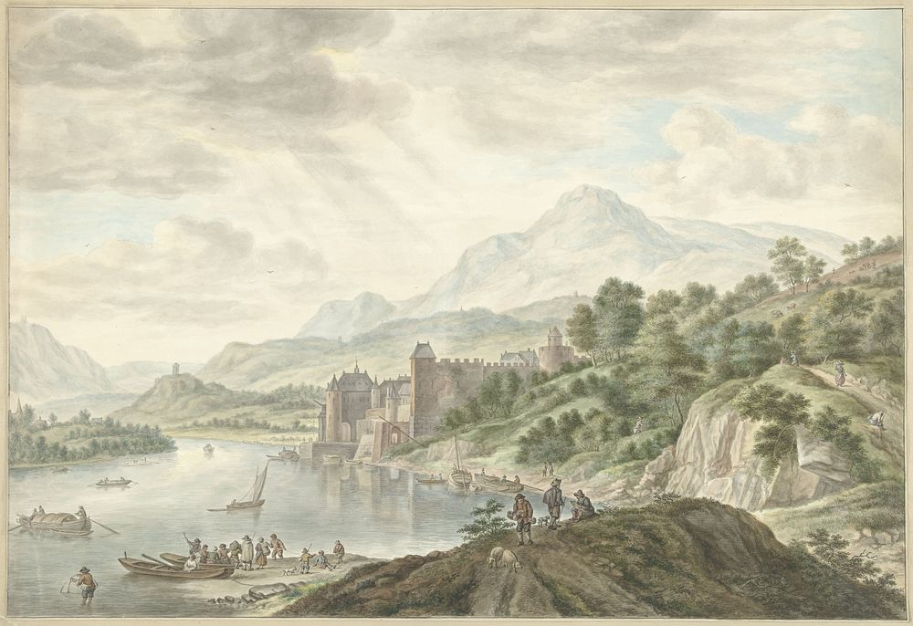 Heuvellandschap met een kasteel aan een rivier (1795) by Abraham Delfos and Herman Saftleven
