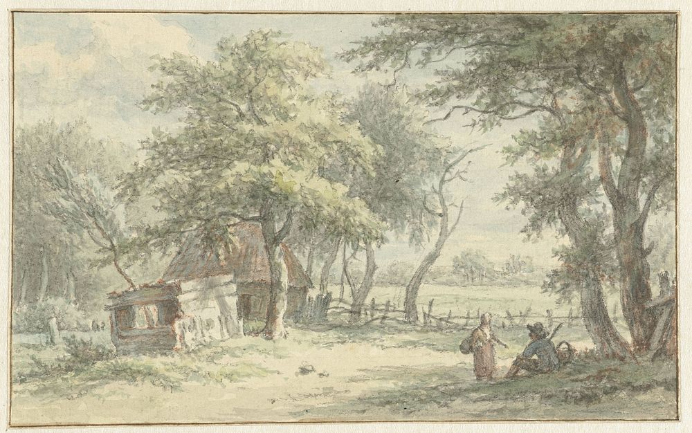 Figuren bij hutje in het Naarder Houd (1755 - 1818) by Egbert van Drielst