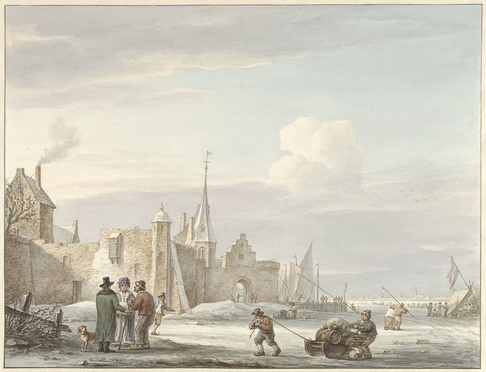 Stadsgezicht in de winter (1780 - 1848) by Martinus Schouman