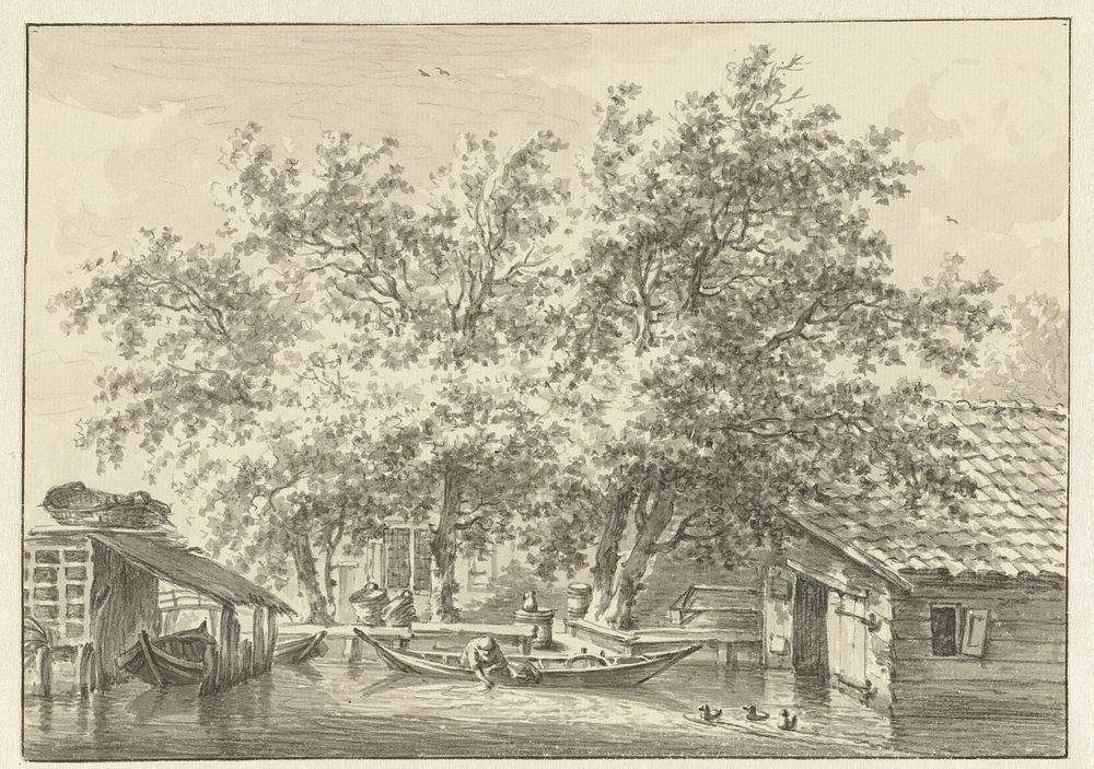 Huizen en schuur aan water (1755 - 1818) by Egbert van Drielst