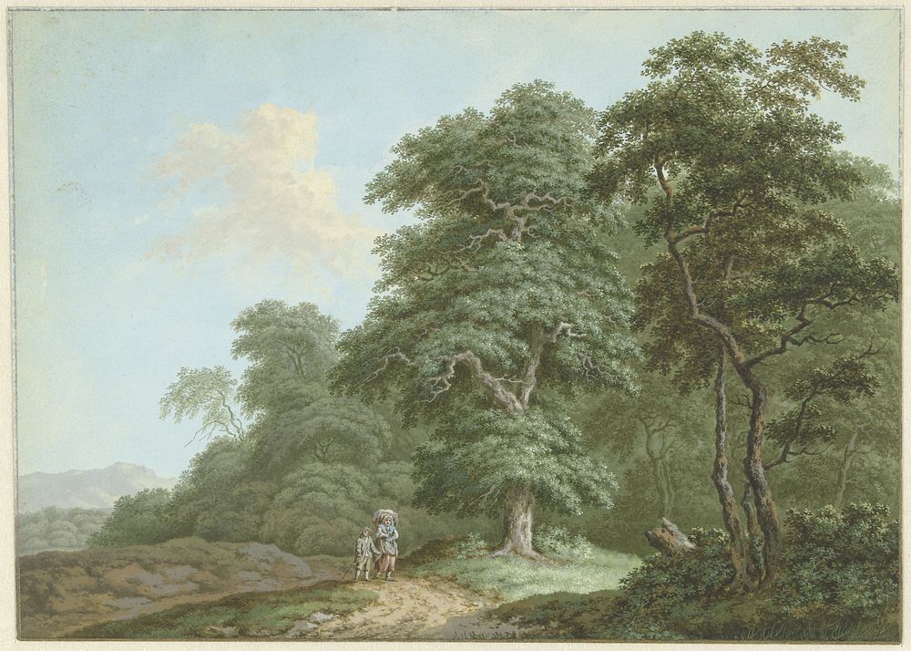 Landschap met vrouw en jongetje op een landweg (1700 - 1800) by Monogrammist FWH and anonymous
