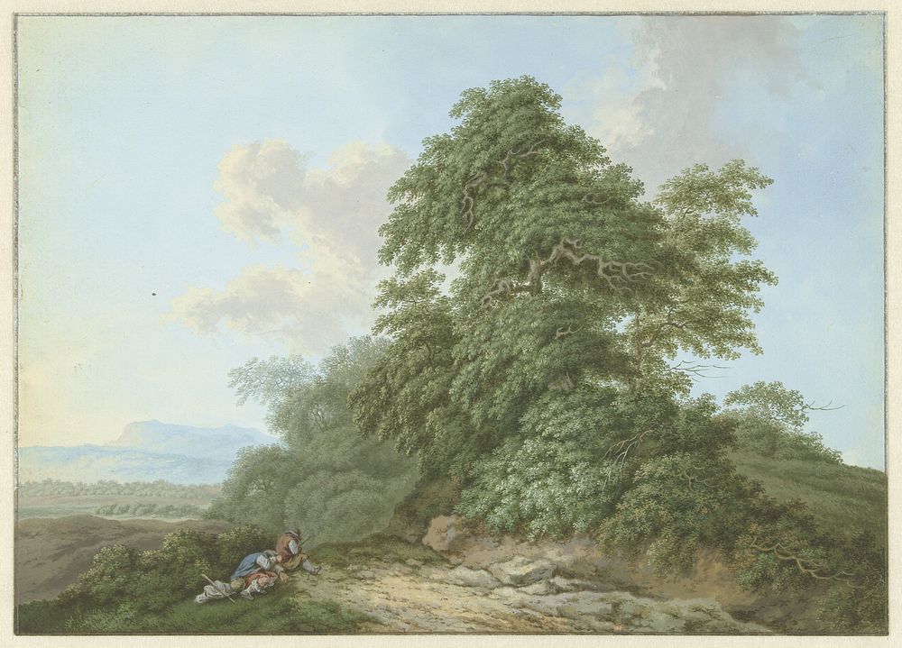Landschap met rustende reizigers langs een weg (1700 - 1800) by Monogrammist FWH and anonymous