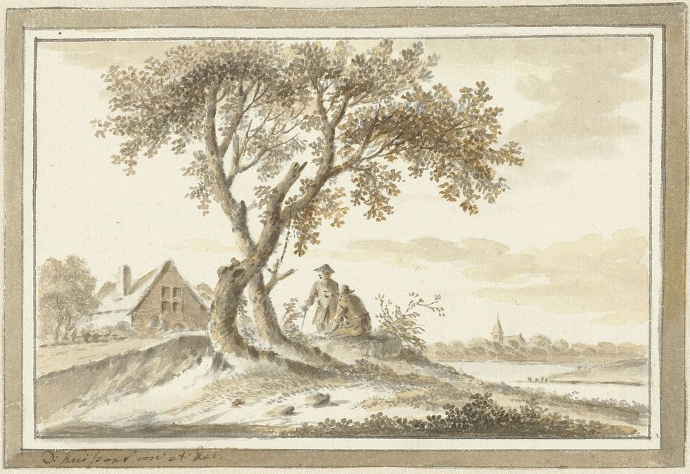 Landschap met twee mannen onder een boom (1743 - 1796) by Dirk Kuipers