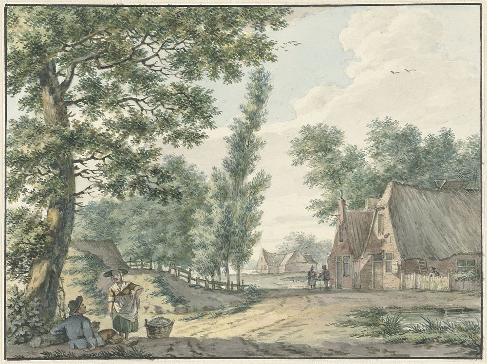 Landschap met twee personen onder een boom (1750 - 1818) by Izaak Schmidt