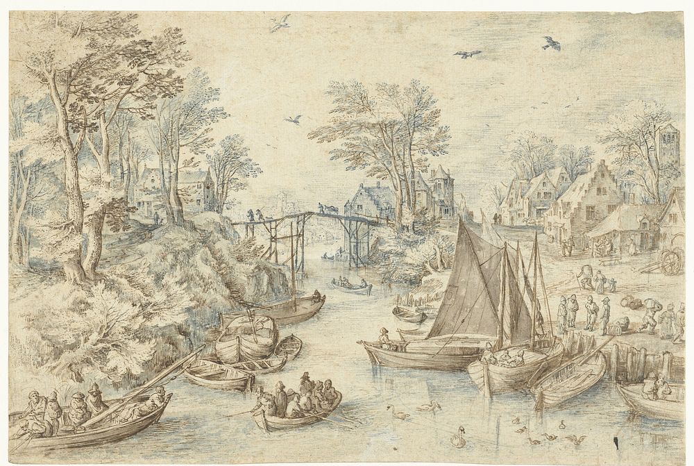 Dorp, doorsneden door een druk bevaren rivier (1595 - 1675) by anonymous and Jan Brueghel I