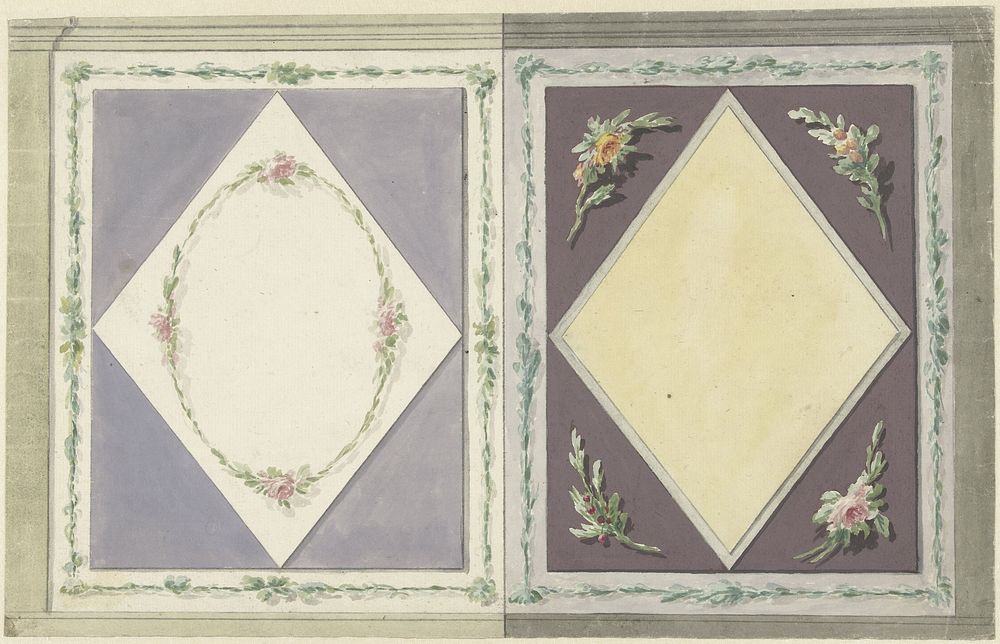 Ontwerp voor kamerversiering met twee panelen, een met een ruit in geel en een met een krans van rozen in een ruit (1767 -…