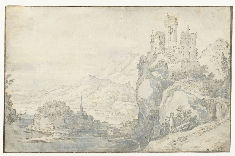 Rivierlandschap met een kasteel op een berg (1574 - 1635) by Joos de Momper II