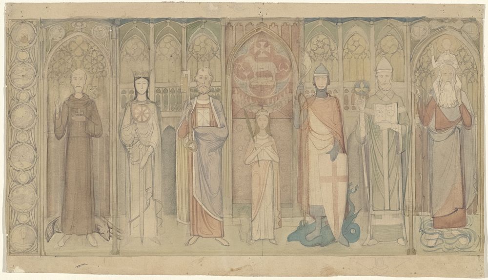 Ontwerp voor de Tweede Bossche Wand: zeven staande heiligen. (c. 1869 - c. 1925) by Antoon Derkinderen