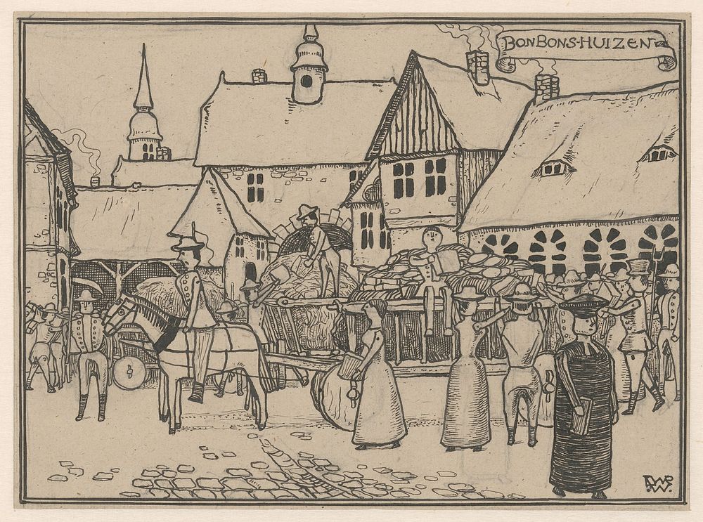 Poppen laden wagens uit op de markt in Bonbonshuizen (1898) by Willem Wenckebach
