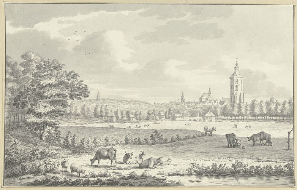 Gezicht over weilanden op een stad (1700 - 1800) by anonymous
