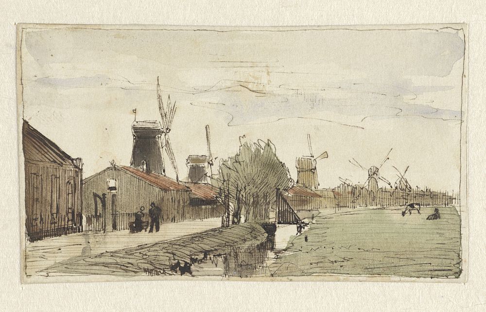 Landschap met molens (1855 - 1881) by Coen Metzelaar
