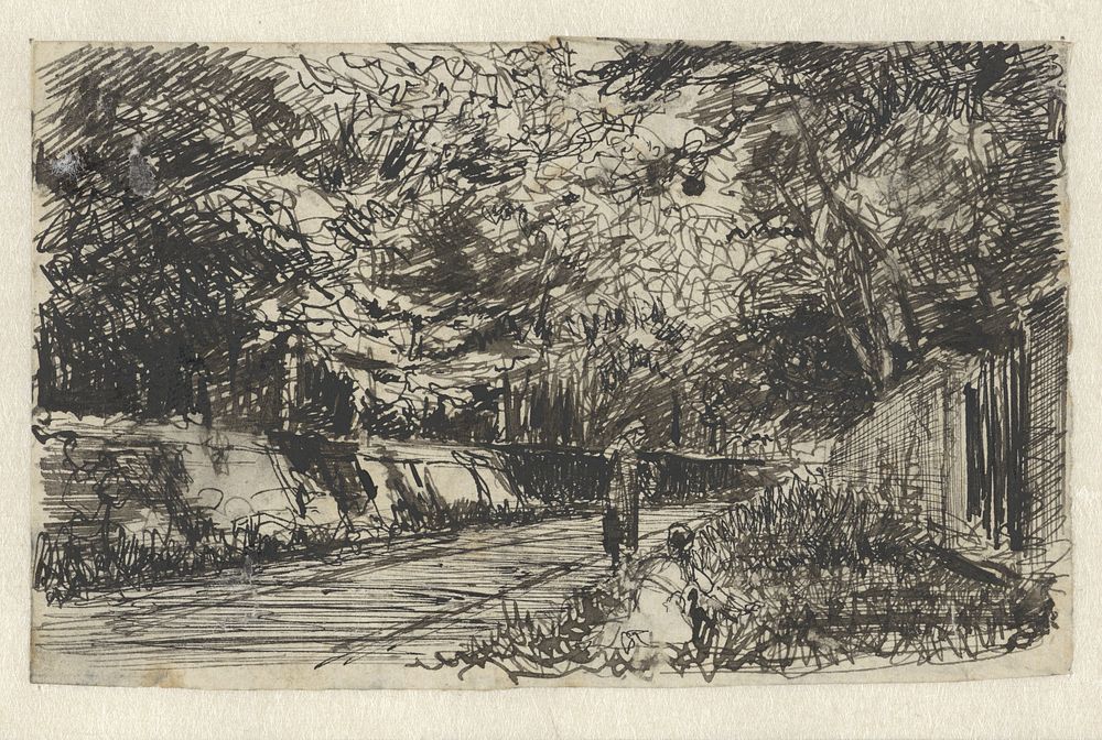 Laan tussen bomen met twee figuren (1855 - 1881) by Coen Metzelaar