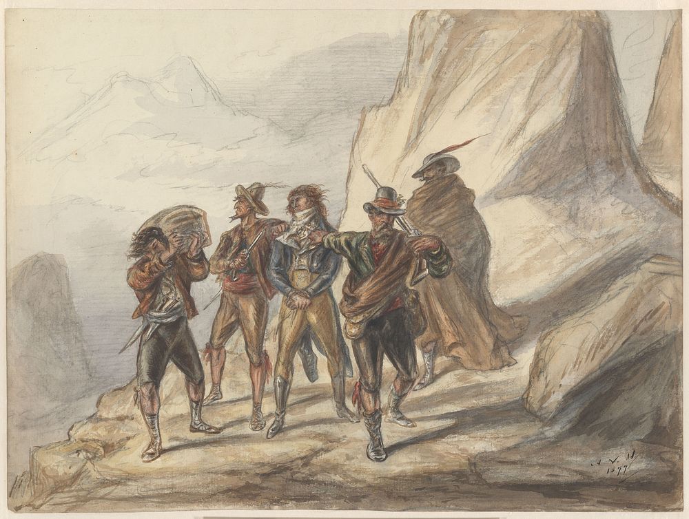 Een overval in een berglandschap (1877) by Alexander Ver Huell