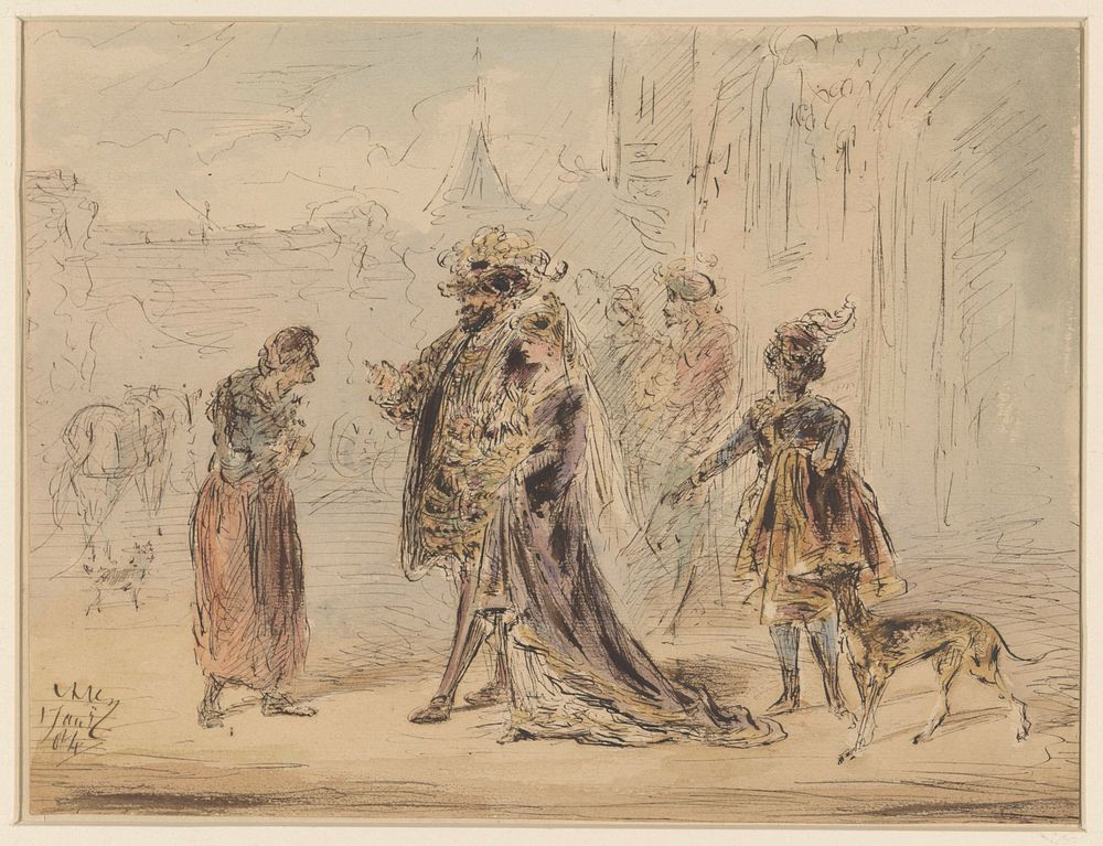 Voorname man en vrouw in gesprek met een oude vrouw (1884) by Alexander Ver Huell