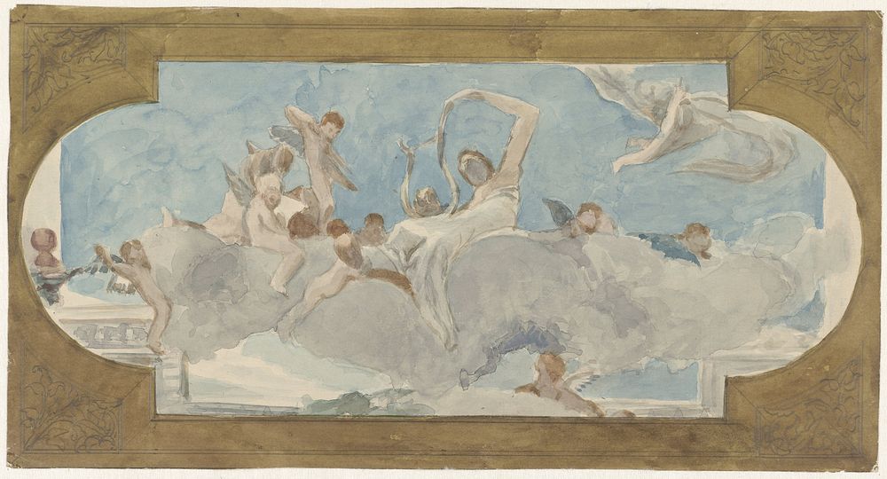 Plafondschildering met figuren gezeten op wolken (1872 - 1904) by Wilhelm Cornelis Bauer