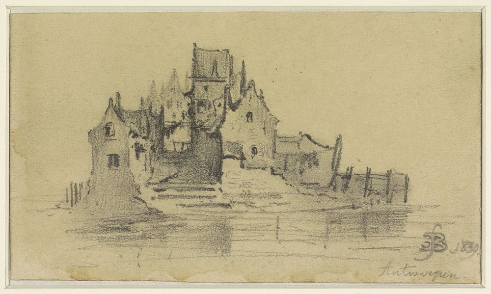Groepje huizen omringd door water (1839) by Eugène François de Block