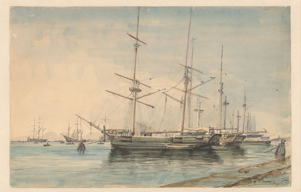 Zeilschepen in een haven (1829 - 1879) by Ary Pleijsier