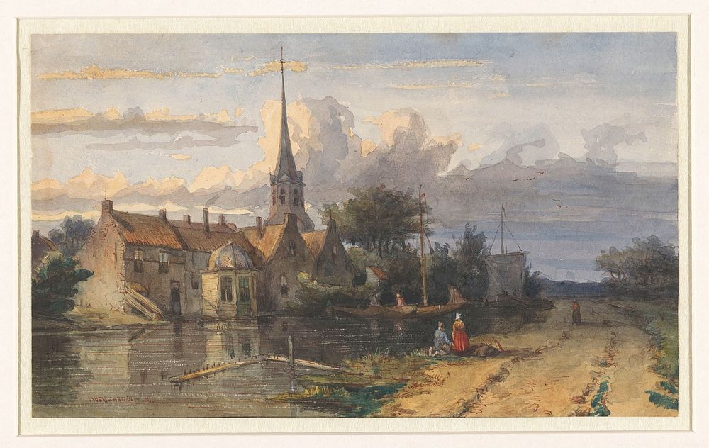 Gezicht op een dorp aan een vaart (1832 - 1880) by Jan Weissenbruch