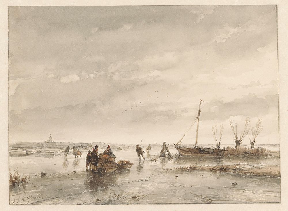 Winterlandschap met bevroren meer (1797 - 1870) by Andreas Schelfhout