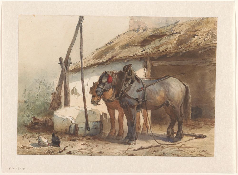 Twee paarden staand voor een stal (1851 - 1921) by Wouter Verschuur 1841 1936