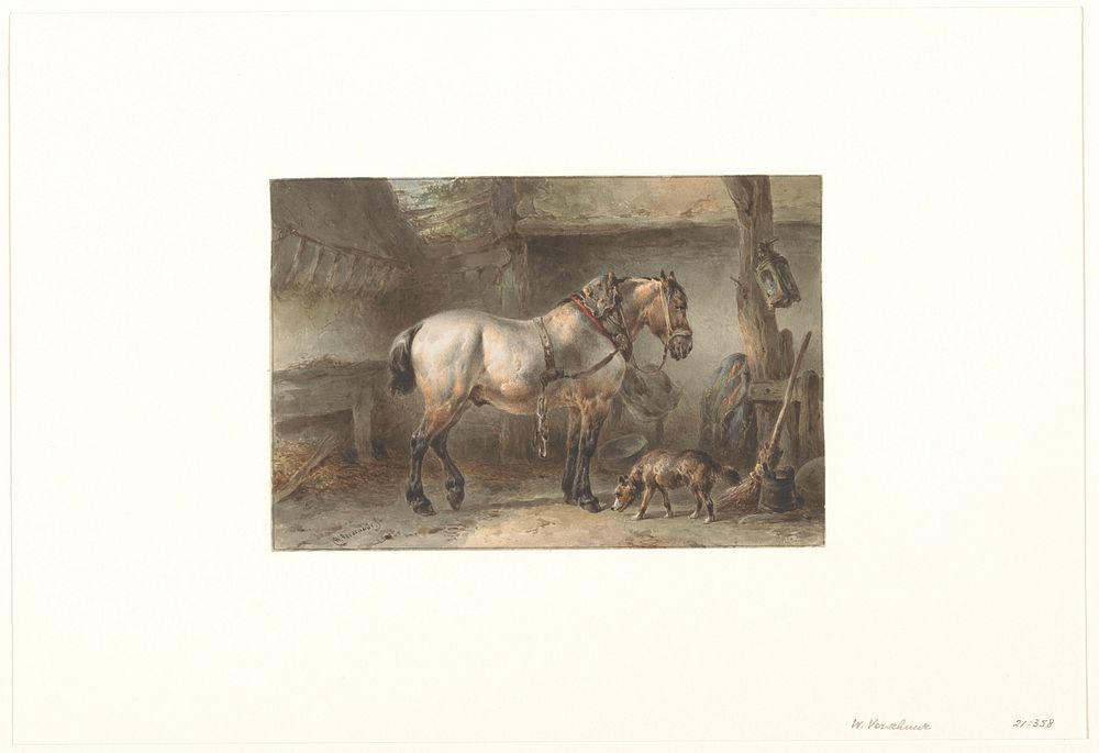 Paard en hond in een stal (1851 - 1921) by Wouter Verschuur 1841 1936