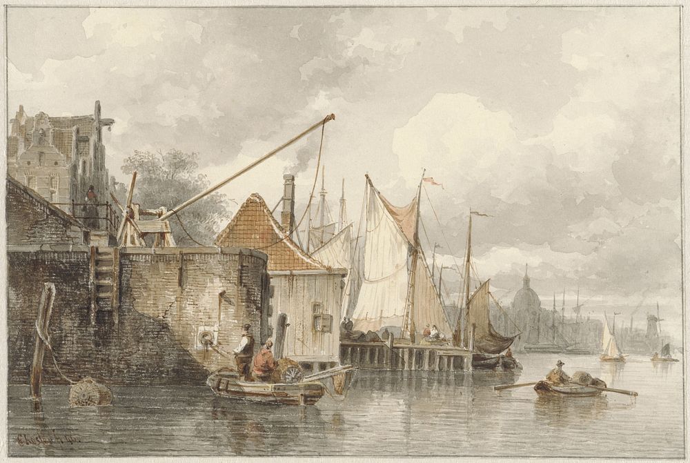 Boten bij een kade (1846) by Everhardus Koster