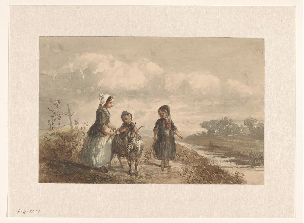 Drie jonge kinderen in een landschap (1836 - 1900) by Elchanon Verveer