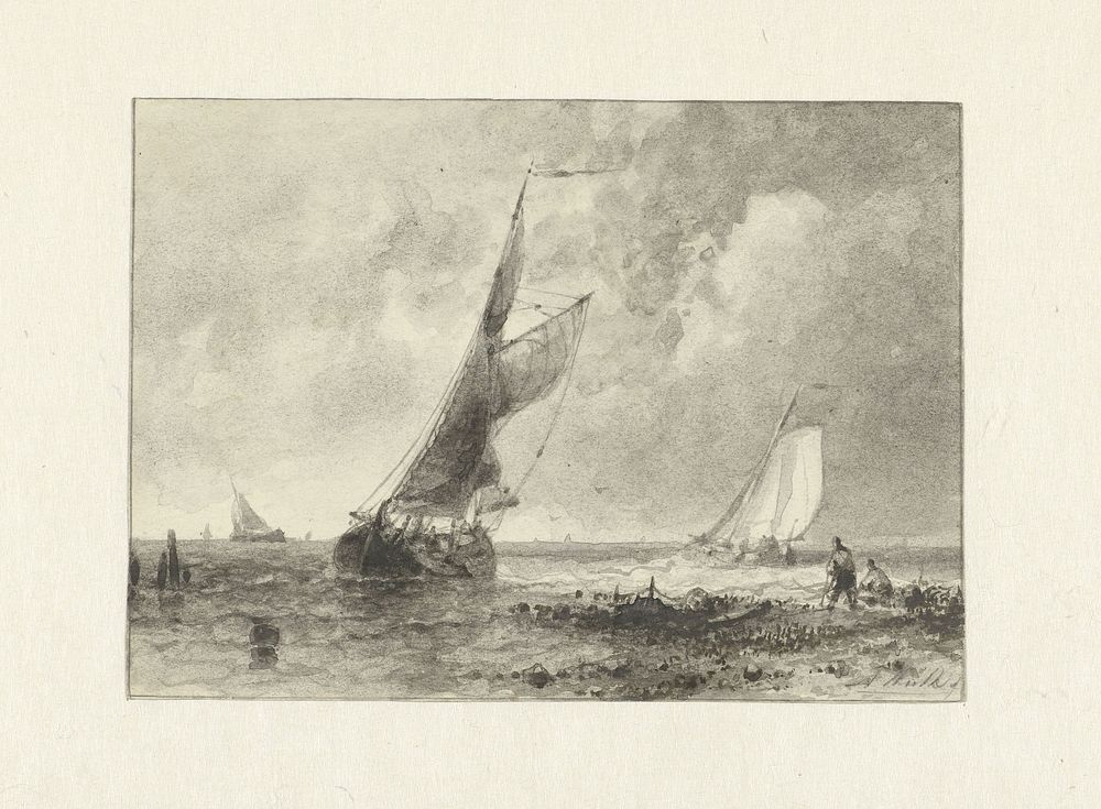 Enkele zeilschepen voor de kust (1823 - 1897) by Abraham Hulk
