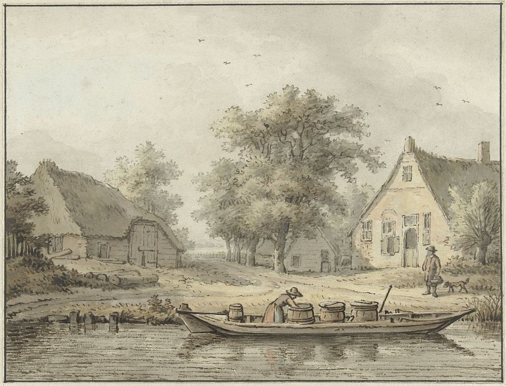 Landschap met afgemeerde schuit met vaten (1756 - 1826) by Cornelis Buys