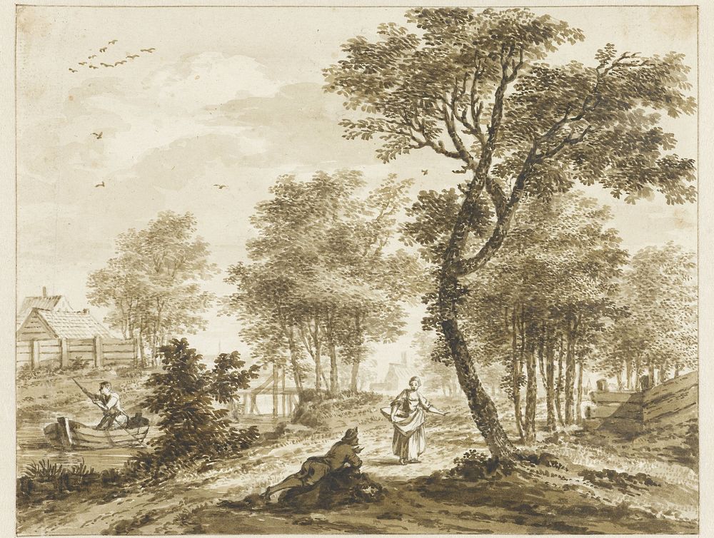 Landschap met figuren en links een man in een punter (after c. 1750 - 1808) by Bartholomeus Barbiers