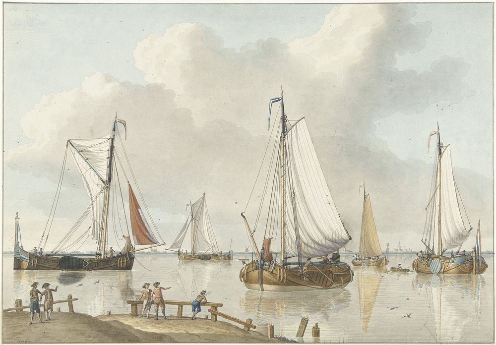 Zeilschepen, aan de kant staan vijf mannen (1748 - 1805) by Jan Arends