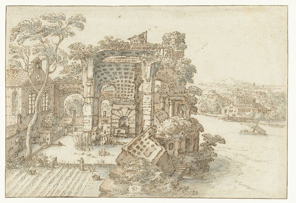 Ruïnes nabij een brede rivier (1584) by Hendrick van Cleve