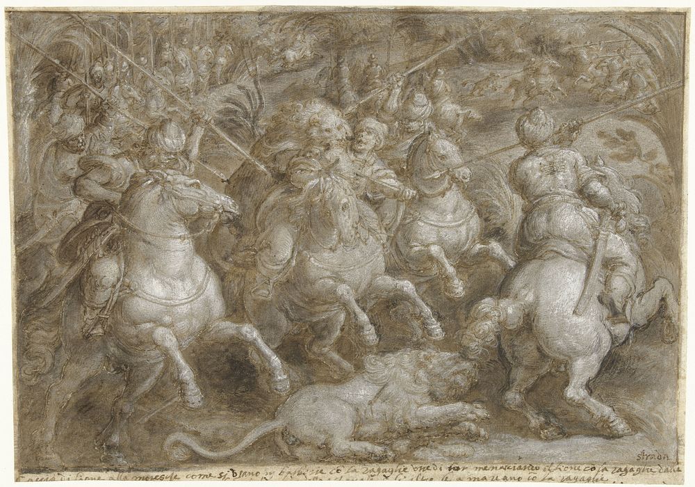 Jacht op Perzische leeuwen (1533 - 1578) by Jan van der Straet
