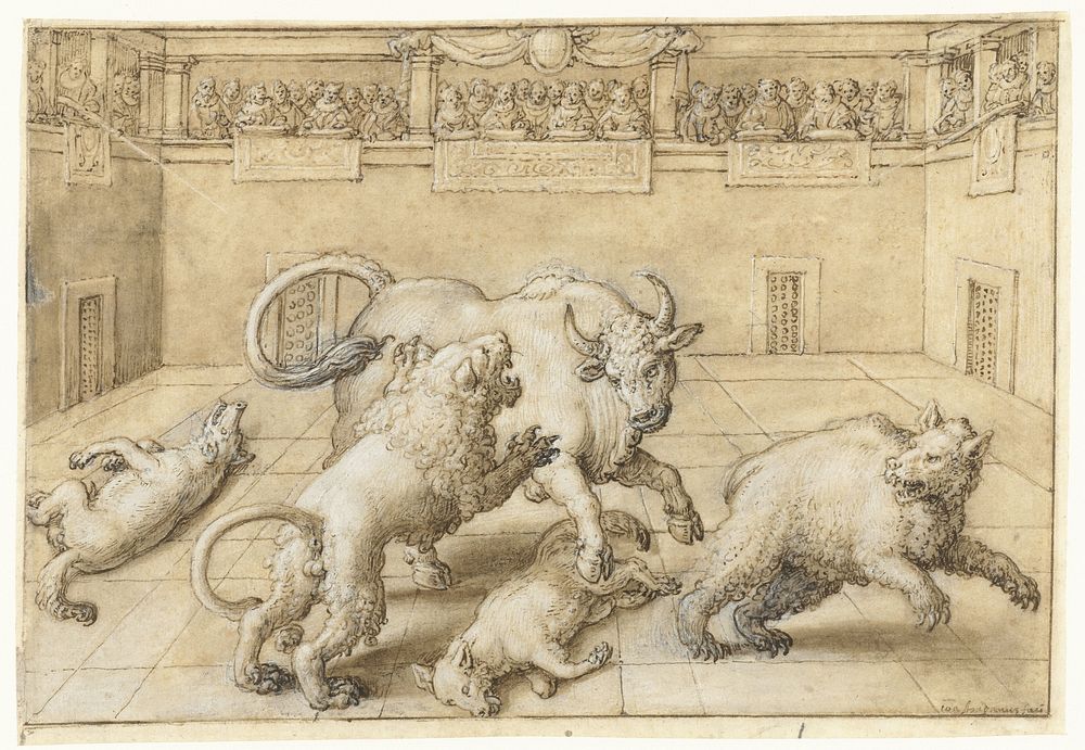 Gevecht in een arena tussen een stier, leeuw, beer en twee wolven (1533 - 1605) by Jan van der Straet