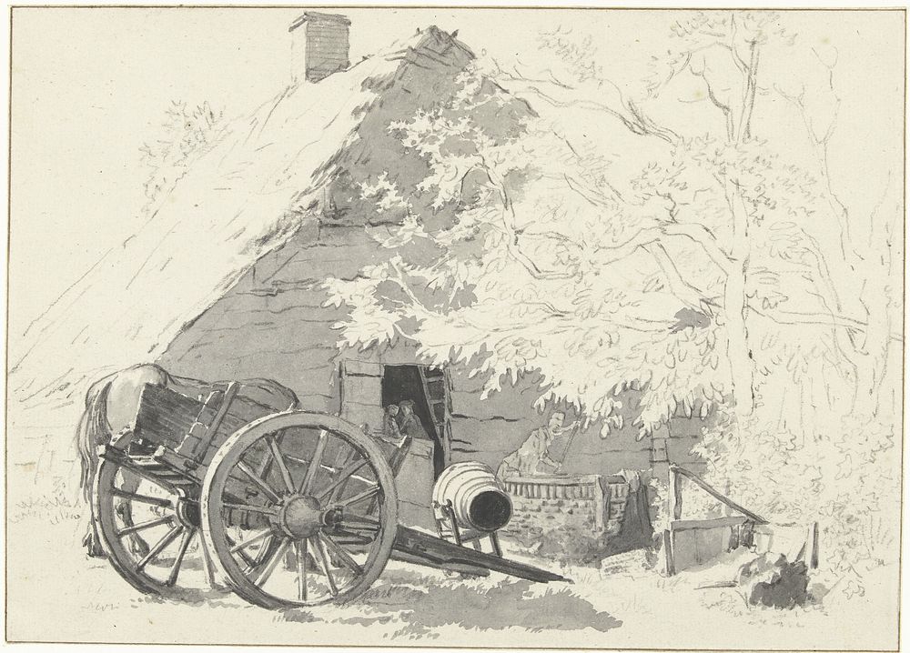 Melkkar met paard voor een boerderij (1784 - 1826) by Jacob Ernst Marcus