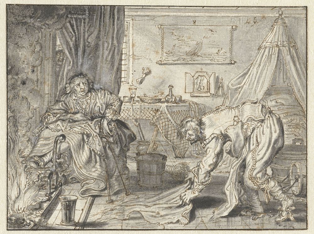 Man Cleaning the Floor while his Wife Sits by the Hearth (c. 1635) by Adriaen Pietersz van de Venne