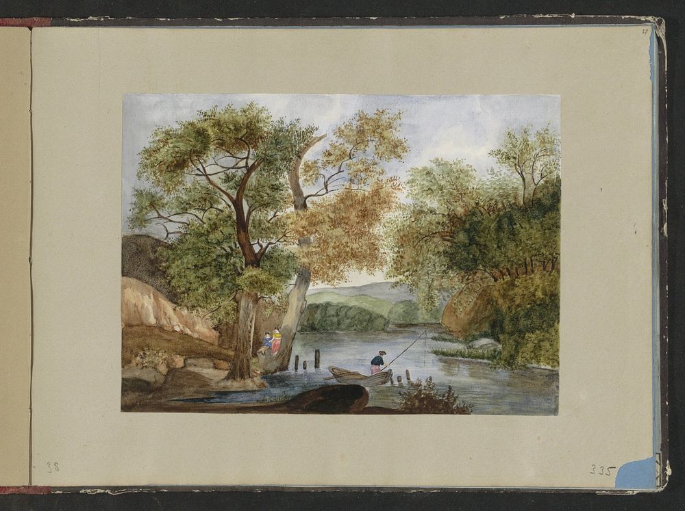 Boomrijk landschap met een visser en twee meisjes (c. 1819 - c. 1870) by anonymous