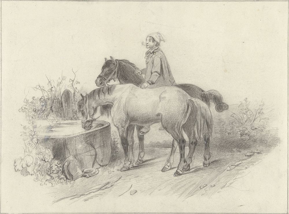 Boer met twee paarden bij een drinkbak (c. 1800 - c. 1900) by anonymous and Arnoldus Johannes Eymer