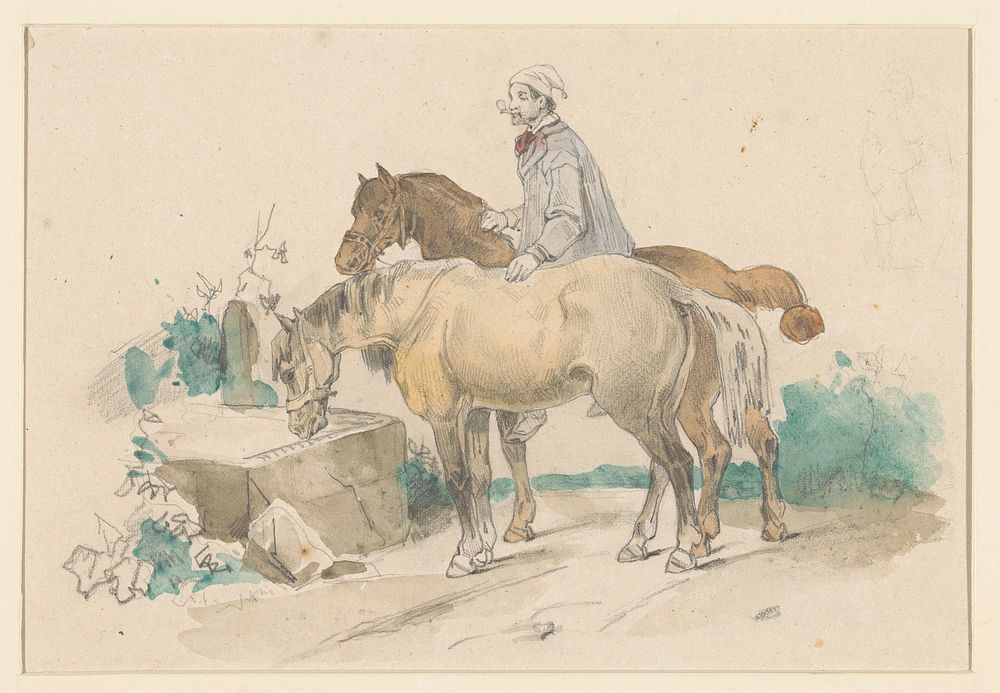 Boer met twee paarden bij een trog met water (1832 - 1880) by Jan Weissenbruch
