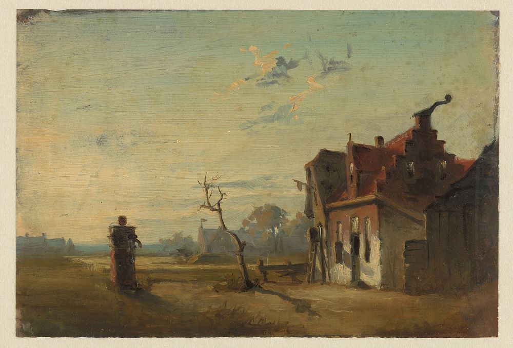Landschap met boerenhuis en waterpomp (1832 - 1880) by Jan Weissenbruch