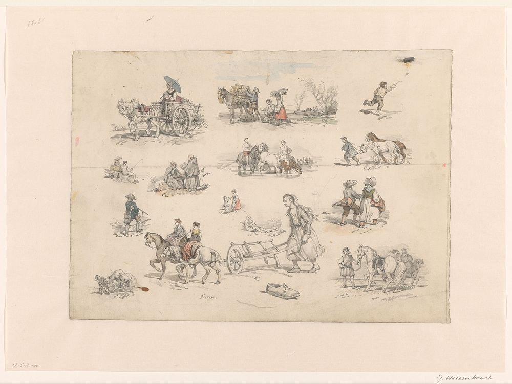 Figuurstudies met paarden en wagens (1832 - 1880) by Jan Weissenbruch