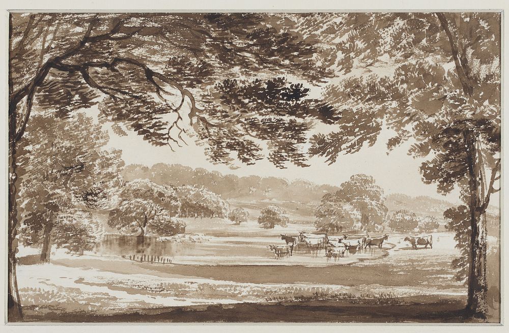 Boomrijk landschap met koeien in een meertje (1800 - 1900) by Weissenbruch