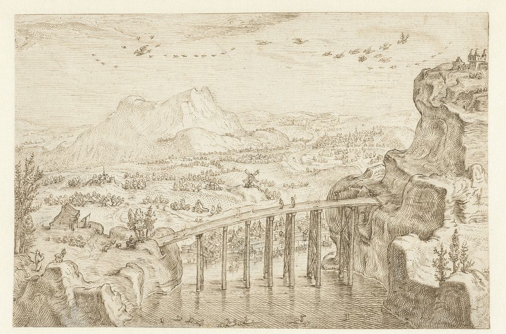 Berglandschap met hoge brug (1609 - 1619) by Jacob Matham