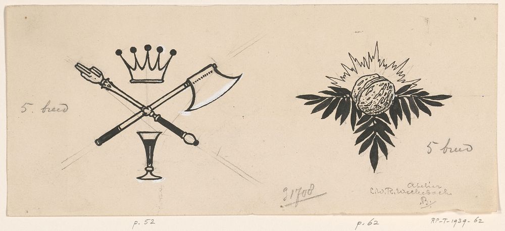 Sluitvignet met vier voorwerpen en sluitvignet met noot (1898) by Willem Wenckebach