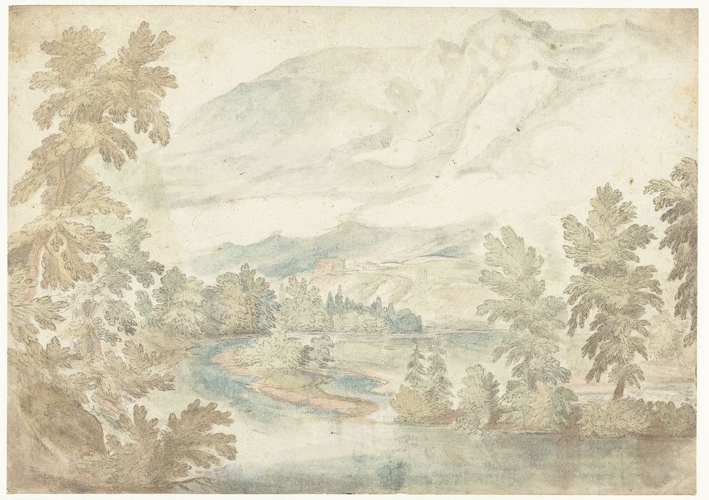 Bocht in een rivier stromend door een dal met hoge bergen (1598 - 1599) by Frederik van Valckenborch