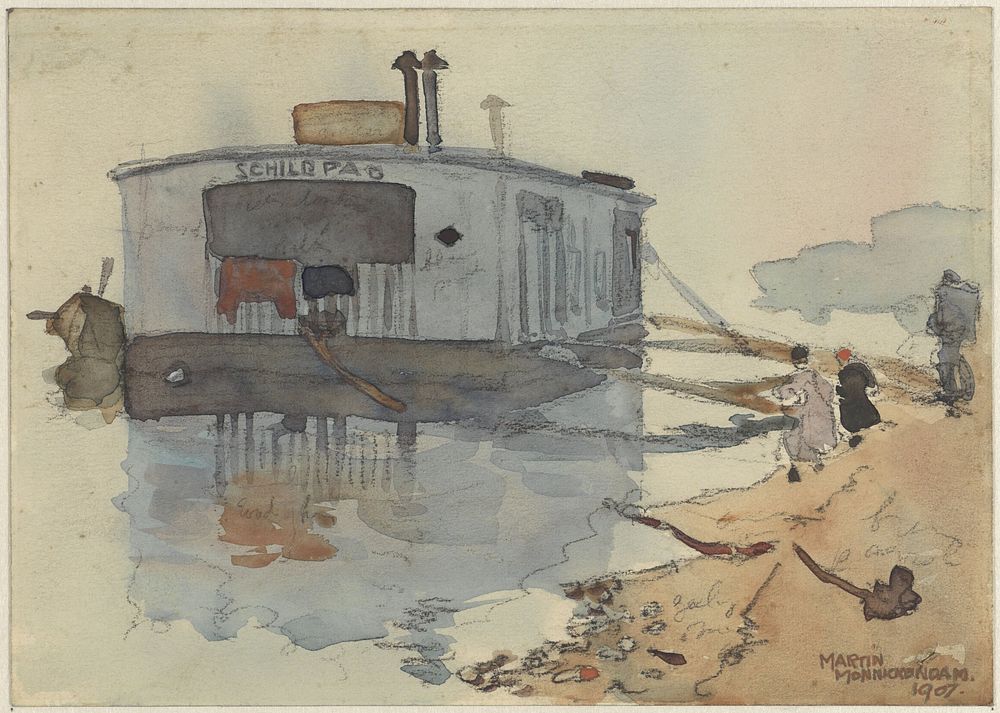 Schip De Schildpad aan een oever (1907) by Martin Monnickendam