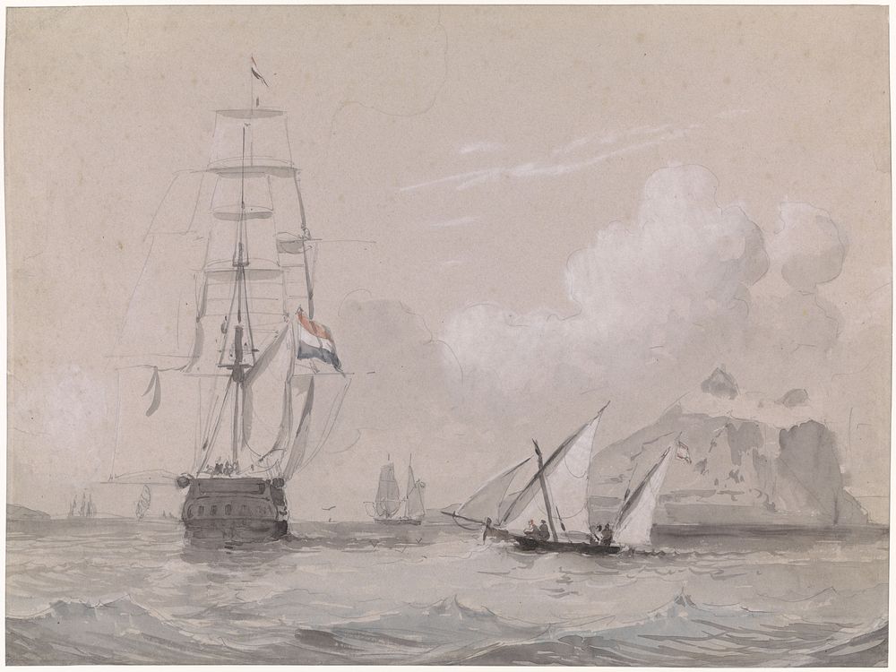 Hollands zeilschip voor de kust van Gibraltar (1834 - 1893) by Willem Anthonie van Deventer