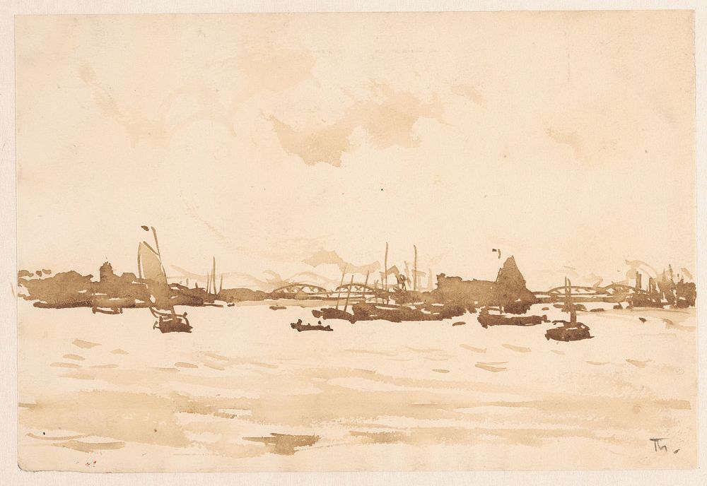 Rivier met zeilschepen en spoorbrug (1870 - 1931) by Willem Bastiaan Tholen
